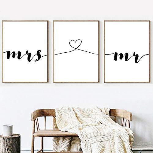Set de 3 Posters Mr Cœur Mrs Citation Amour Murale Chambre Tableaux Décoration Minimaliste Peinture sur Toile 50x70 Affiche Noir et Blanc Couple Poster Deco Adulte Salon Sans Cadre PTQT001-XL