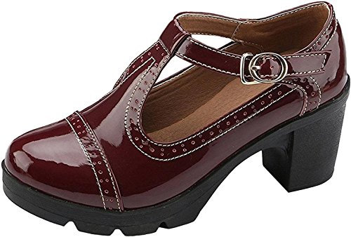 DADAWEN Women's T-Strap Platform Court Shoes Mid Heel Mary Jane Oxfords Dress Shoes Red 4 UK