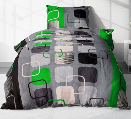Heubergshop 2-teilige Seersucker Bettwäsche 155x220cm / 80x80cm - Karo Kariert in Grün - Bettgarnitur aus 100% Baumwolle, bügelfrei (S-396/4)