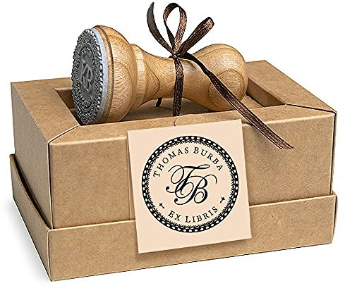 Stempel mit Initialen, 2 Buchstaben Monogramm Bordüre Punkte, Ex libris Personalisiert, Handgemacht Geschenke für Buchliebhaber in Spezielle Geschenkbox
