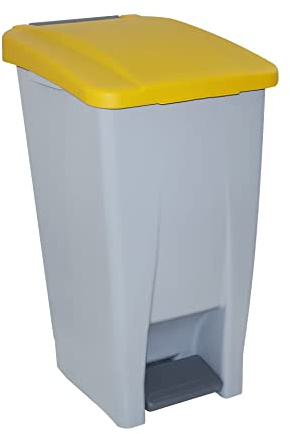 HELGUEFER - Cubo Basura Pedal con Ruedas 60 Litros Tapa Amarilla | Contenedor de Basura, Reciclaje 490 x 380 x 700 mm | Resistente, Amplio, Fácil de Limpiar | Para Cocina, Patio o Negocio