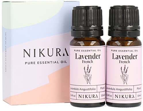 Nikura French Lavender Essential Oil - 20ml (2 x 10ml) | 100% Pure Natural Oils | Perfect for Sleep, Calming, Aromatherapy, Diffusers, Bath | Great for Self Care, Massage, Relaxing | Vegan & UK Made