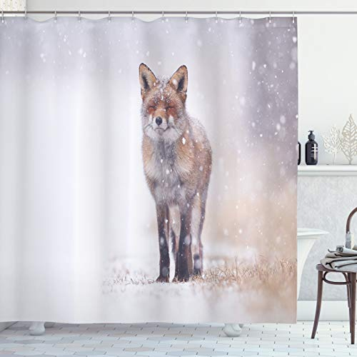 ABAKUHAUS Fuchs Duschvorhang, Rural Feld Schnee Stormy, Stoffliches Gewebe Badezimmerdekorationsset mit Haken, 175 x 200 cm, Braun weiß