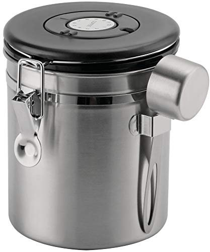 Café Olé CC-500S Stainless Steel Bean & Ground Coffee Storage Canister, 500g | Day/Date Tracking Dial, Measuring Scoop, Airtight Vacuum Seal, Silver