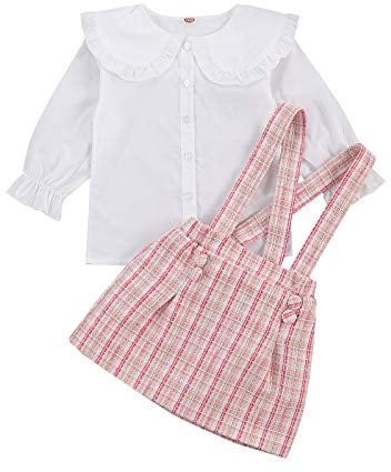 2 Piezas Conjunto de Camisa y Falda para Bebé Niña 2-7 Años Top Blusa Blanca con Cuello de Volantes y Mangas Largas + Falda a Cuadros con Tirantes Traje Completa de Primavera Otoño (Rosa, 3-4 Años)
