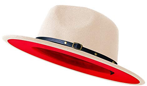 Fedora-Hüte mit breiter Krempe für Damen und Herren, zweifarbig, Filzhut, Panamahut in zwei Größen, cremefarben / Rot, L/XL