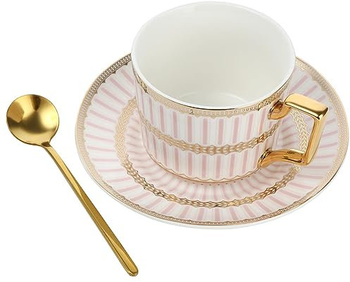 XUDREZ European Style Tea Cup Set, 8.5oz/250ml Bone China Coffee Tea Cups with Saucer and Golden Spoon (Light Pink)