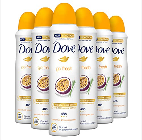 Dove, Go Fresh Deodorant Spray Passion Fruit, mit 1/4 Feuchtigkeitscreme, Antitranspirant, ohne Alkohol, trockene Haut bis zu 48 Stunden, frischer Duft, Deodorant für Damen und Herren, 6 Stück à 150