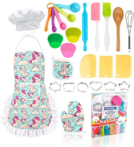KAEGREEL Cucina Giocattolo per Bambini, 26Pz Set Utensili Cucina da Forno con Grembiule Unicorno/Cappello Chef/Cucchiai/Frullino, Regali di Ruolo da Chef per Ragazzi Ragazze 3+ Anni (Blu)
