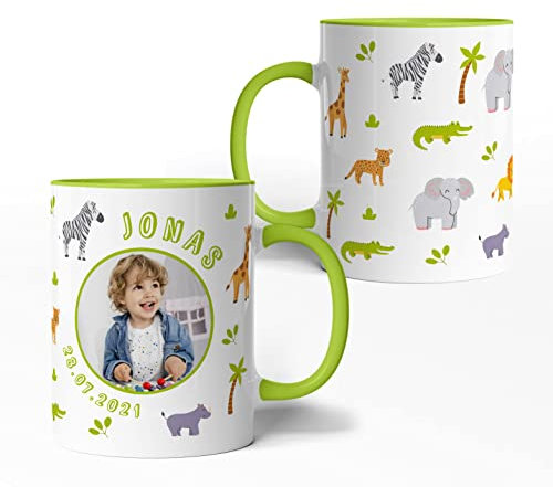 personalisierte Kinder-Tasse Safari Tiere Motiv - mit Namen, Datum und Foto - Fototasse Kindergarten Schule Geburtstag (Grün)