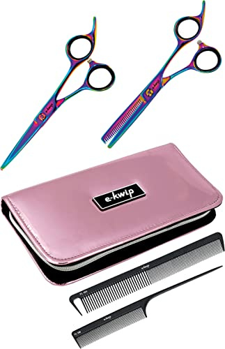 E-Kwip Starter Set 2.0 Color - Buntes Profi Friseurscheren Set - 5,5 Zoll Schneide- & Modellierschere - inkl. 4 Kämmen & Etui