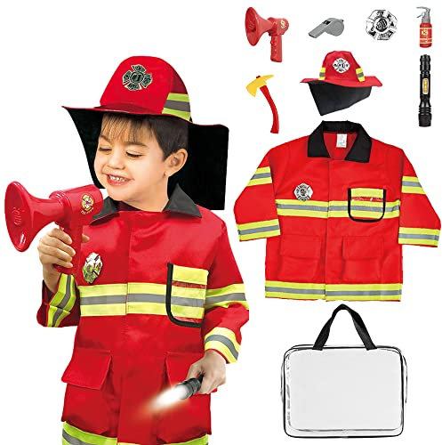 Jooheli Kostüm Feuerwehrmann Kinder, Kinder Feuerwehrmann Kostüm und Feuerwehrmann Zubehör, Feuerwehr Kostüm Kinder Passend für Kinder Jungen Mädchen 3-6 Jahren