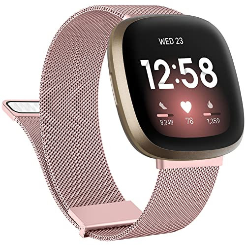 Tobfit für Fitbit Versa 4/3/Sense 2 Armband - Edelstahl Handgelenk Metall Ersatz Armband für Herren Damen (Rosa)