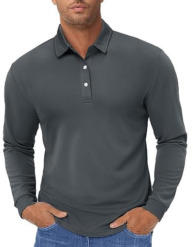 TACVASEN Golf Polo Shirts for Men Quick Dry Running Top Long Sleeve Fishing T Shirt Breathable Shirt Dark Grey,L