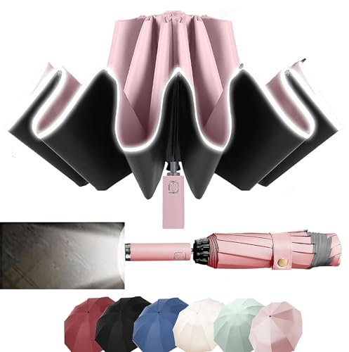 MZSX Regenschirm, LED-Licht, Taschenschirm, winddicht und sturmfest, Umgekehrtes Faltdesign, Klein Kompakt, Reflektoren Am Rand, für Herren und Damen