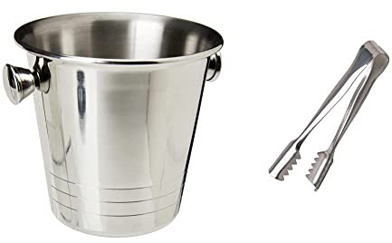 Genware NEV-MSSB10 Mini Stainless Steel Ice Bucket, 10 cm & BarCraft Ice Tongs, Stainless Steel, 16cm, Silver