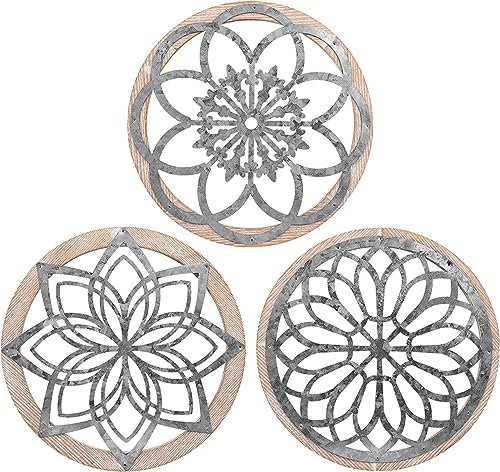 DMYBC 3 Stück Rustikale Wanddeko Runde Bauernhof Wanddekoration Metall mit Holzrahmen Wandschmuck Dekorationen für Haus Wohnzimmer Esszimmer Schlafzimmer Küche Korridor(40cm*40cm)