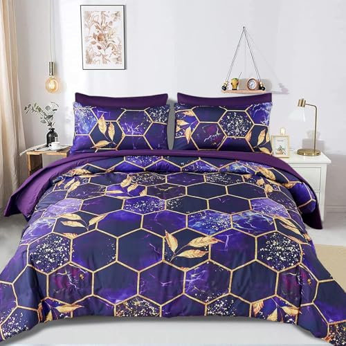 Freyamy 3D Marmor Bettwäsche 135x200cm 2teilig Lila Gold Geometrische Marmormuster Luxus Bettwäsche 100% Mikrofaser Bettwaren-Sets Weiche Bettbezug mit Reißverschluss und Kissenbezug 80x80cm