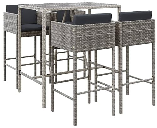 vidaXL Gartenbar Set 5-TLG., Gartenmöbel Bartisch 4 Barstühle, Stehtisch Barhocker für Garten Terrasse, Sitzgruppe Gartenset mit Kissen, Grau Poly Rattan
