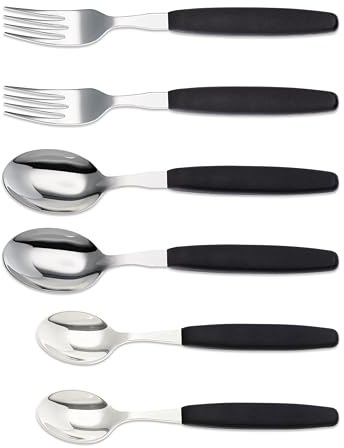 6er Set Giesser Messer Besteck Set je 2 Stück Löffel Teelöffel Gabel, Rostfreier Edelstahl, ergonomischer Griff - Made in Germany - Schwarz