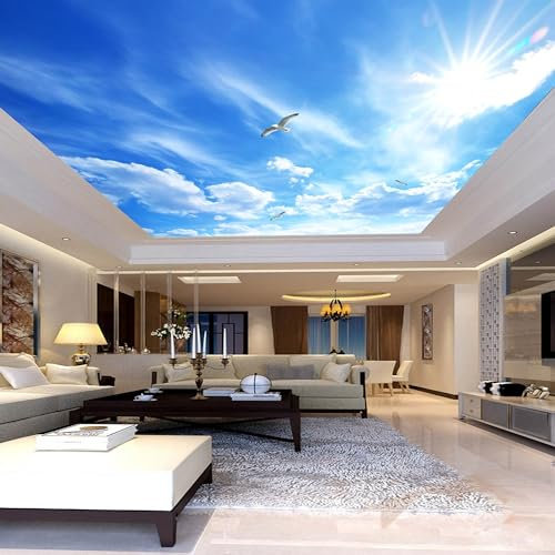 Papier peint mural de taille personnalisée Grandes peintures murales autocollantes 3D/autocollants muraux autocollants/Fleurs et oiseaux Ciel bleu nuages blancs Petites fleurs Ciel peintures murales