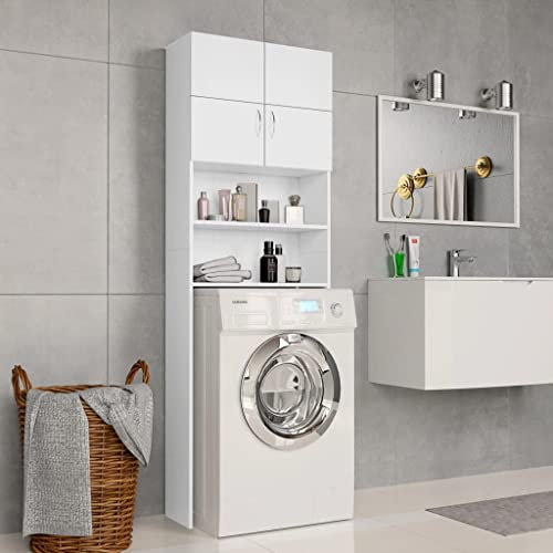 homiuse Waschmaschinenschrank Weiß 64x25,5x190 cm Holzwerkstoff Waschmaschinenüberbauschrank Badschrank Waschküche Möbel mit 2 Türen / 2 Offenen Fächern Platzsparendes Modisches Design Langlebig