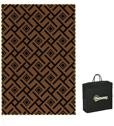 Outsunny Reversible Outdoor Rug with LED String Lights, Waterproof Plastic Straw Mat with Carry Bag for Garden, Deck, RV, Picnic, Beach, Camping, 182 x 274cm, Brown and Black
