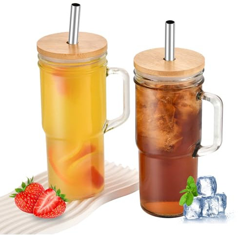 hosck 24oz mason can cup avec poignée, verre transparent, couvercle en bambou et paille, paquet de 2 tasses à café glacé, café glacé, jus de fruits, thé de bulle, cola