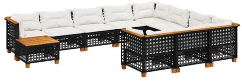 vidaXL Garten Sofagarnitur 11-TLG., Gartensofa mit Kissen Stahlrahmen, Sitzgruppe für Garten Terrasse, Gartenmöbel, Modern, Schwarz Poly Rattan