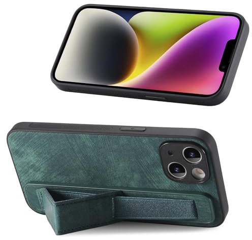 Draamvol for iPhone 13 Case with PU Leather Wrist Strap Kickstand Shockproof Bumper Standing Grip Case Protective Soft TPU Slim Fit Cover for iPhone 13 Phone Case,Green