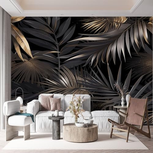 3D Tapete Pflanzenpalmenblätter Mit Streifen Fototapete, Dunkel Wandbild Wandtapete Haupt dekorationen für Wohnzimmer Schlafzimmer Büro, Flur, 350 x 256 cm (WxH) Vlies Tapete Wanddeko