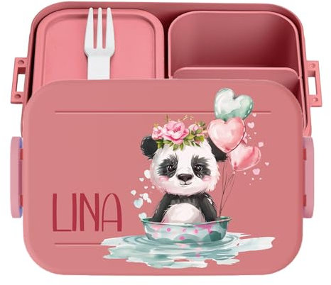 wolga-kreativ Personalisierte Kinder Lunchbox Baby Panda mit Fächern - mit Besteck und Unterteilung - Vesperdose Geschenk Einschulung Schule Kindergarten