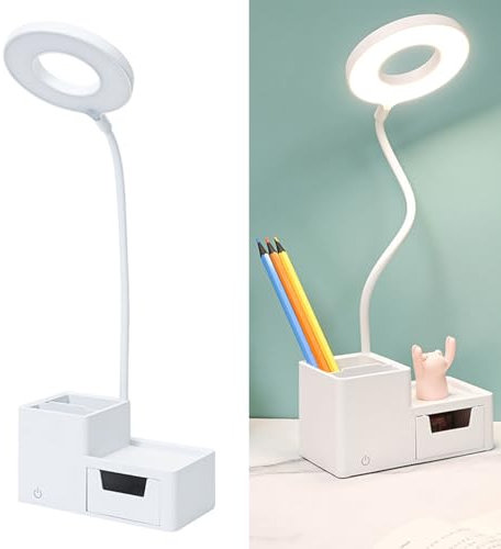 SIXRUN Lampe de Bureau avec Porte-stylo, Lampe de Bureau LED Veilleuse Dortoir Chevet Lecture Petite Lampe de Bureau avec Porte-stylo Tiroir de Rangement (Version enfichable)