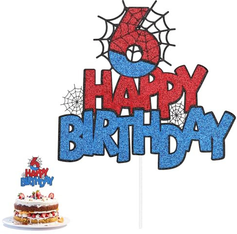 Spider Birthday Cake Topper, Double-Sided Spider Cake Topper Birthday Cupcake Topper Spider Cake Decorations Birthday Party Cake Decorations for Boys Girls(Number 6)