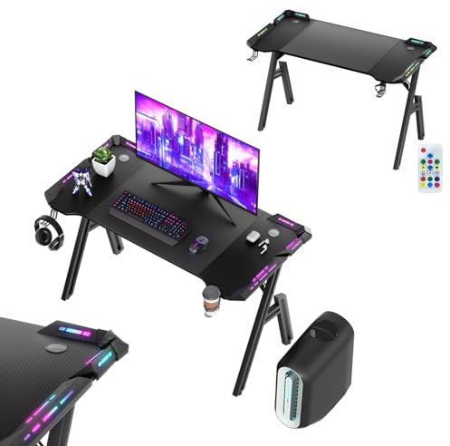 UISEBRT Gaming Schreibtisch 120 x 60cm Gamer Tisch A-förmiger Kohlefaseroberfläche Computertisch mit RGB LED-Licht, Ergonomischer Eckschreibtisch mit Kopfhörerhaken und Getränkehalter