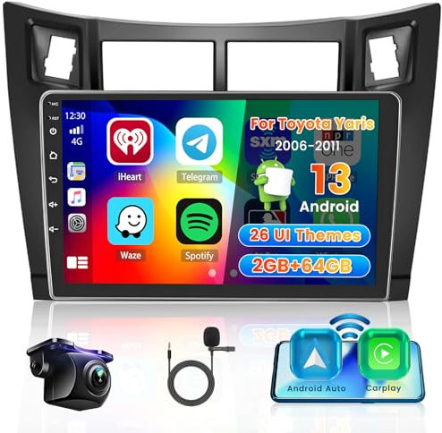 Hikity Autoradio per Toyota Yaris/Vizi 2005-2011 2G+64G Android 15 Wireless Carplay Radio Stereo Auto con 26UI 9 Pollici Schermo Android Auto GPS WIFI Bluetooth EQ FM RDS MIC Telecamera Posteriore