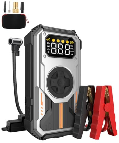 Eigotrav Jump Starter Power Pack, 6000A Car Battery Booster (Up to 7.5L Gas, 6L Diesel), 12V Car Jump Starter Power Bank with 150 PSI Air Compressor, LCD Display, LED Light