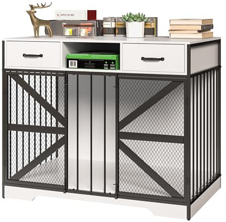 Fatmok Dog Crate Furniture, Dog Kennel Furniture for Large Dogs Indoor, Heavy Duty Wooden Dog Crate TV Stand with 2 Drawers, 44 Metal Wire Decorative Dog Cage End Table, Chew-Resistant,White