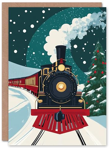 Artery8 Polar Express Steam Train Decorated Tree Blank For Him Or Her Art Xmas Festive Christmas Card