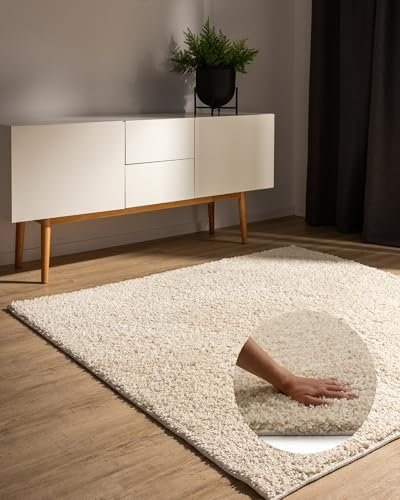 benuta Basic Hochflorteppich Teppich Wohnzimmer Sohari - Creme 200x200 cm - Minimalistischer Look - Weich & Waschbar - Für Schlafzimmer, Flur oder Esszimmer - Geeignet für Fußbodenheizung