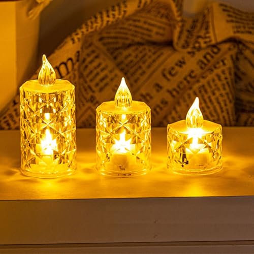3 Pack Battery Operated Flameless Tea Light Candles, Realistic Crystal LED Tea Lights for Christmas Wedding Party Decoration (Mix)