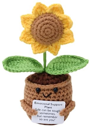 CONGGUAN 15cm Positive Sunflower Crochet Emotional Support Plant with Encourage Card Sunflower Crochet Doll Handmade Emotional Support Knitted Toy for Party Decoration Motivational Gift