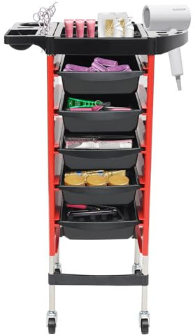 Friseur Zubehör, Arbeitswagen Friseurwagen 5 Schubladen 360° Drehbare Räder Salon Trolleys, Schmales Regal Servierwagen Kosmetikwagen, für Friseursalons, Gesundheitszentren Lagerung zu Hause (rot)