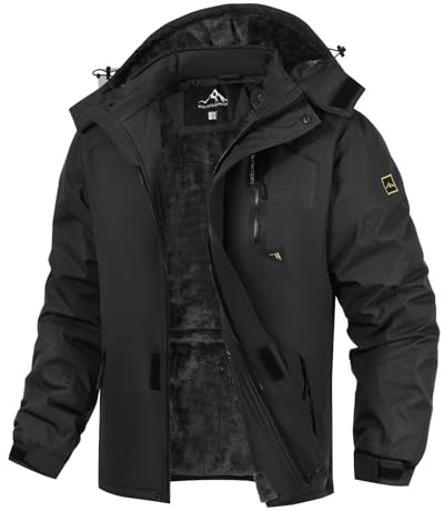 PrimeCrest Winterjacke Herren Jacke Fleecejacke Skijacke Wasserdichte Warme Thermo Gefüttert Softshell Ski Winter Tactical Hoodie Jacke Männer Snowboard Dicke Outdoorjacke Softshelljacke Schwarz L