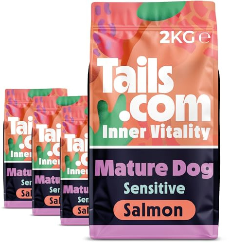 Tails.com • Dry Dog Food 4 x 2kg • Sensitive Salmon • Mature 7+ years • Grain Free Recipe • No Added Flavours, Colours or Preservatives • Contains Omega 3 to Support Skin and Coat | Grain-free dry food for senior sensitive dogs. Hydrolysed salmon, glucosamine & chondroitin for joints, taurine for heart.