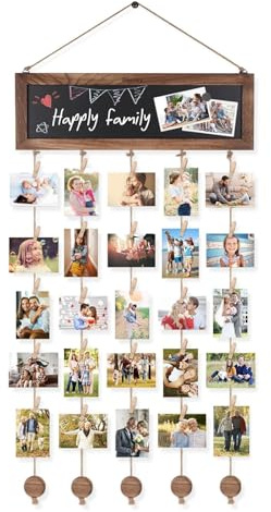 Fotovorhang mit 30 Holzklammern klein - Bilderrahmen mit Klammern und Leine Magnetschnalle Boho Deko Fotoleine, DIY Fotowand Fotogirlande Bilderrahmen, Foto Collage Wand für Wohnkultur Bilder Collagen