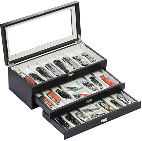 AUTOARK MKAW016 Messer-Organizer mit 3 Ebenen, PU-Leder und Samt, mit 26 Fächern, transparente Glasplatte und Schublade, kompakte Aufbewahrung für Taschenmesser, ideal für Herren-Sammlungen und