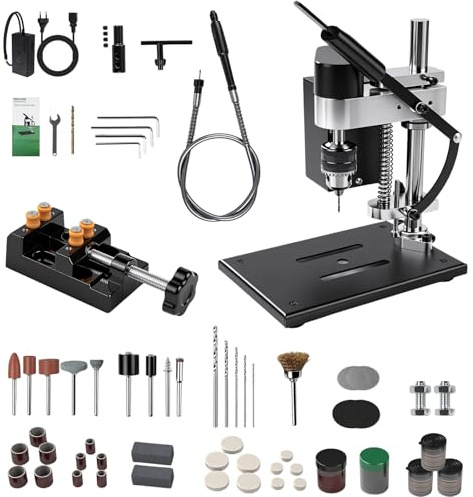 Mini Taladro de Banco, Taladro de Columna 200 W, 7 Velocidades Ajustables, Ajuste de Altura 50 mm, Portabrocas 0,6-6 mm, Carrera de Perforación 50 mm, Motor 775 para Metal, Madera, Acrílico y Aluminio