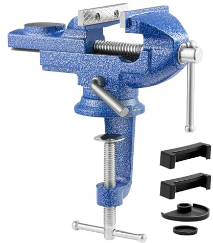 VEVOR Bench Vise, 3 Inch, Portable Workbench Vice with 360° Swivel Base, Quick Release Rotating Bench Clamp, Raised Base, Cast Iron Construction, for Woodworking, Metalworking, Drilling, and Cutting