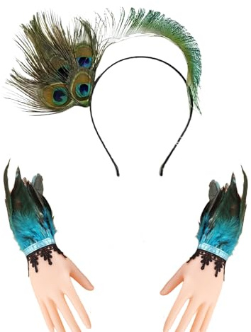 Deauparkoty Haarreif Pfau Kostüm Damen mit Federarmbänder Pfauenfedern Haarschmuck Kopfschmuck Pfau Federn Manschetten Faschingskostüme Accessoires für Karneval Fasching Vogel Mottoparty Halloween